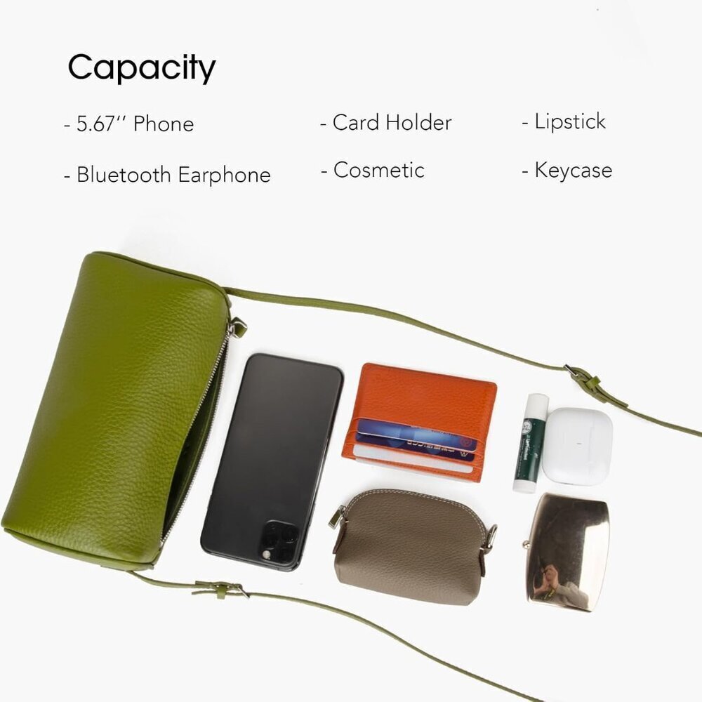 Women Olive Green-lychee Crossbody Purse with Adjustable Strap Full-Leather - Picture 6 of 7